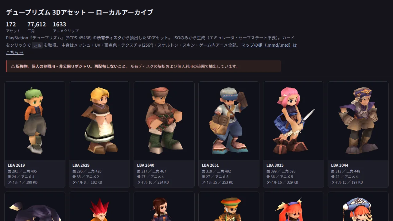 キャラクター一覧ページ。172種のモデルがサムネイルで並ぶ(非公開・個人参照用)